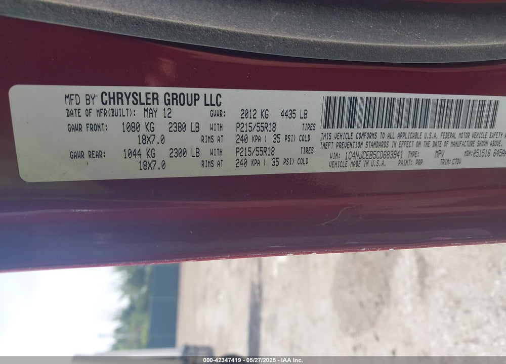 2012 JEEP COMPASS LATITUDE VIN: 1C4NJCEB5CD683941