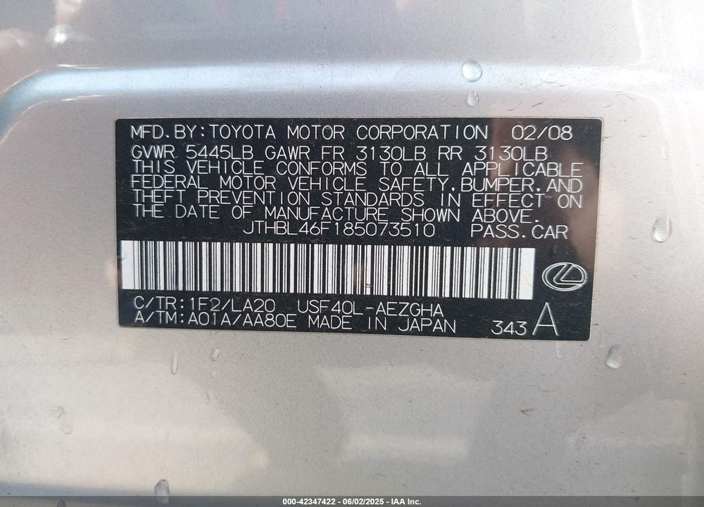 2008 LEXUS LS 460 VIN: JTHBL46F185073510