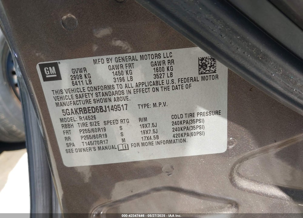 2011 BUICK ENCLAVE 1XL VIN: 5GAKRBED6BJ149517