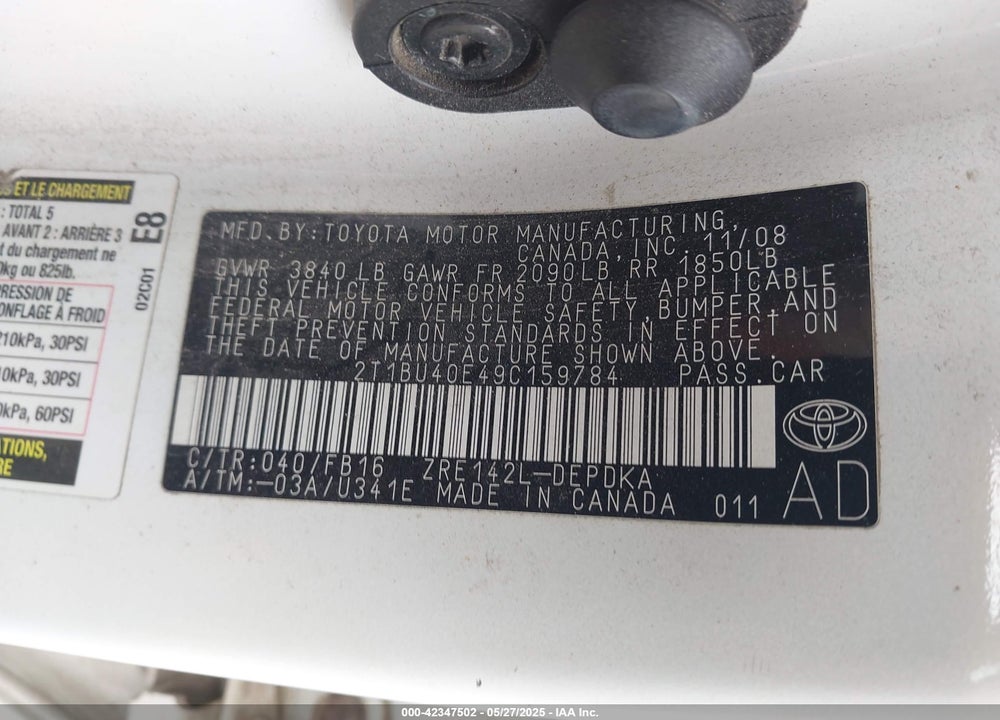 2009 TOYOTA COROLLA VIN: 2T1BU40E49C159784