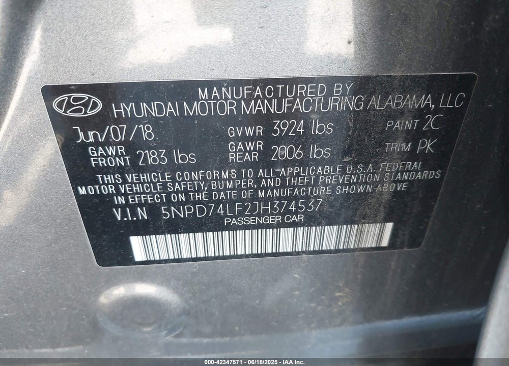 2018 HYUNDAI ELANTRA VIN: 5NPD74LF2JH374537