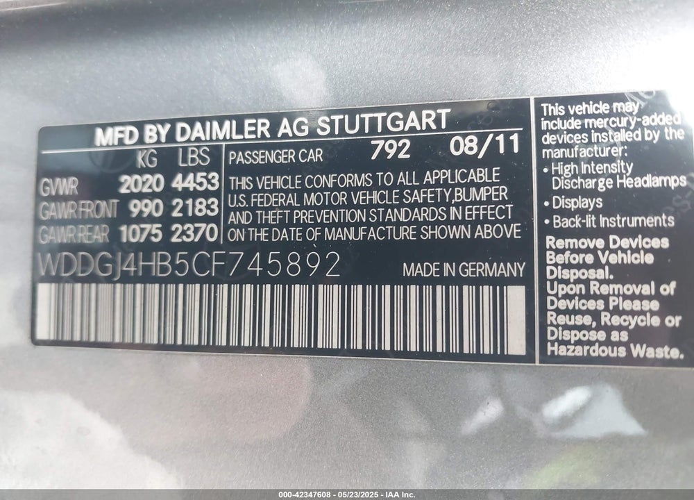 2012 MERCEDES-BENZ C 250 VIN: WDDGJ4HB5CF745892