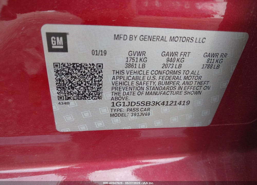 2019 CHEVROLET SONIC VIN: 1G1JD5SB3K4121419