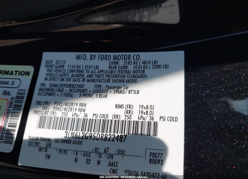 2013 LINCOLN MKZ VIN: 3LN6L2G95DR822487