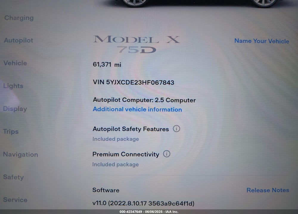 2017 TESLA MODEL X VIN: 5YJXCDE23HF067843