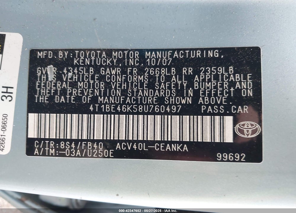 2008 TOYOTA CAMRY LE VIN: 4T1BE46K58U760497