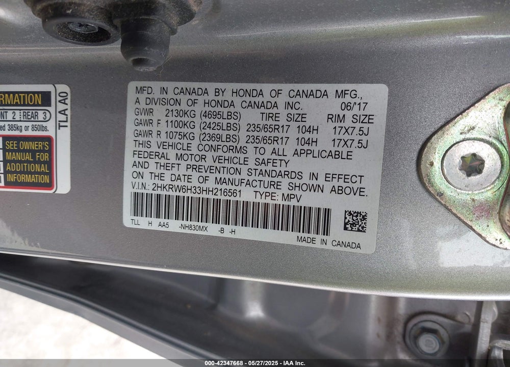 2017 HONDA CR-V VIN: 2HKRW6H33HH216561