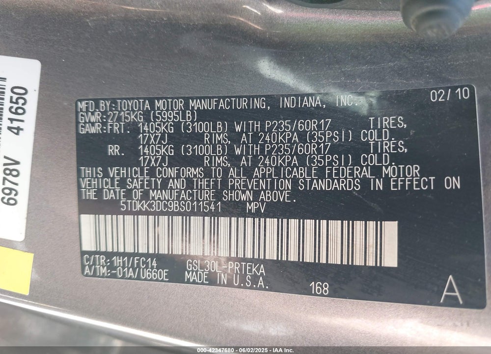 2011 TOYOTA SIENNA LE V6/LE V6 AUTO ACCESS SEAT VIN: 5TDKK3DC9BS011541