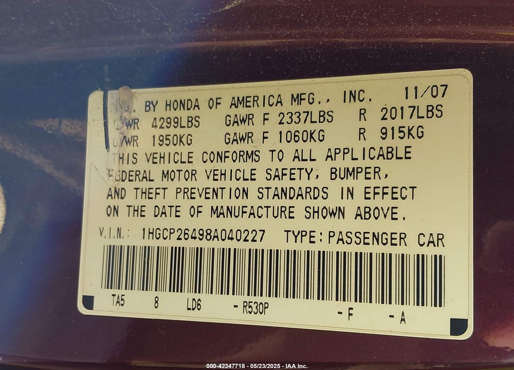 2008 HONDA ACCORD VIN: 1HGCP26498A040227