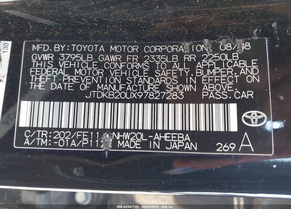 2009 TOYOTA PRIUS VIN: JTDKB20UX97827283