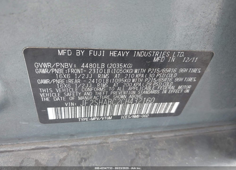 2012 SUBARU FORESTER VIN: JF2SHABC2CH432160