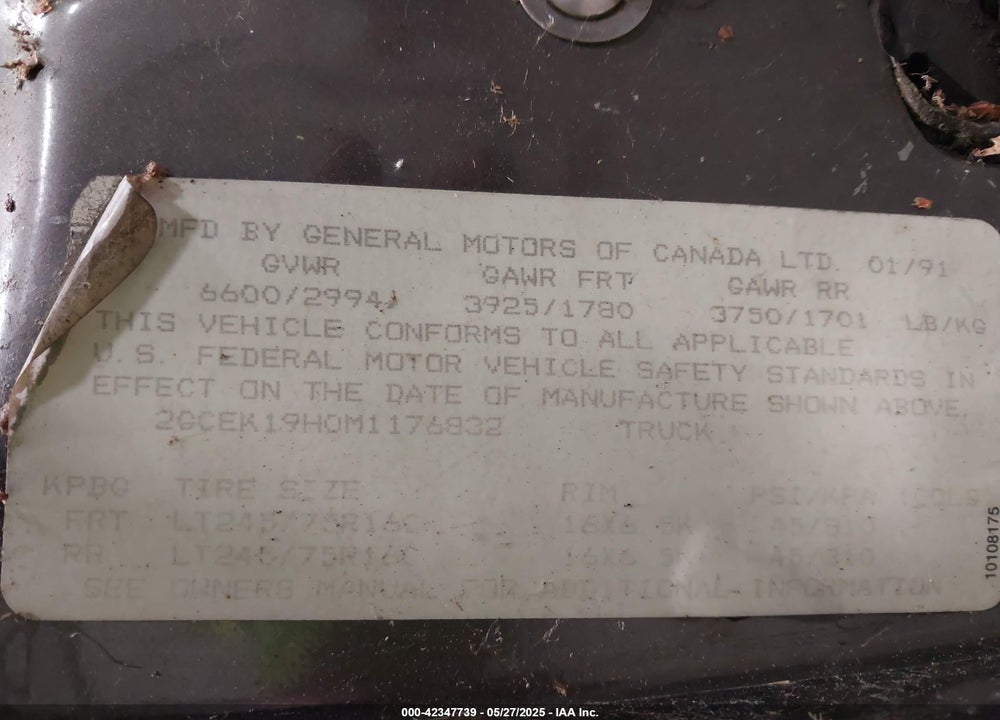 1991 CHEVROLET GMT-400 VIN: 2GCEK19H0M1176832