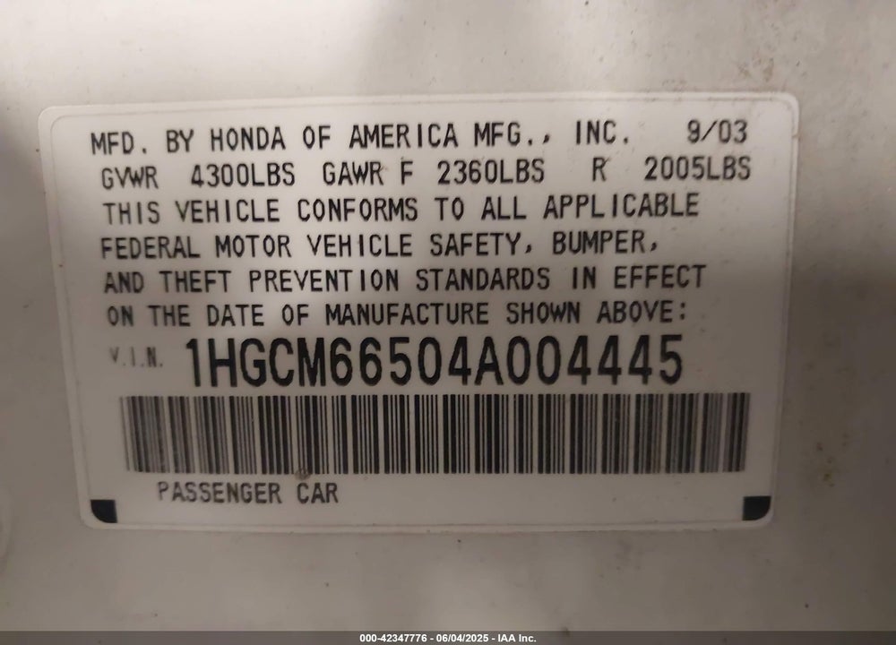 2004 HONDA ACCORD 3.0 EX VIN: 1HGCM66504A004445