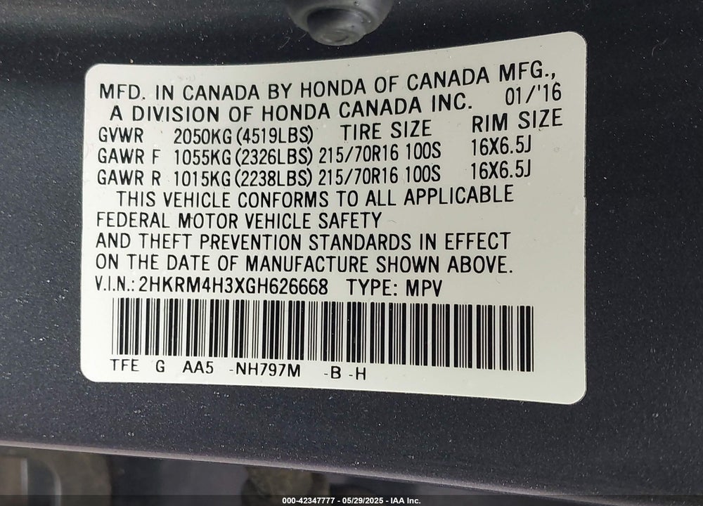 2016 HONDA CR-V VIN: 2HKRM4H3XGH626668