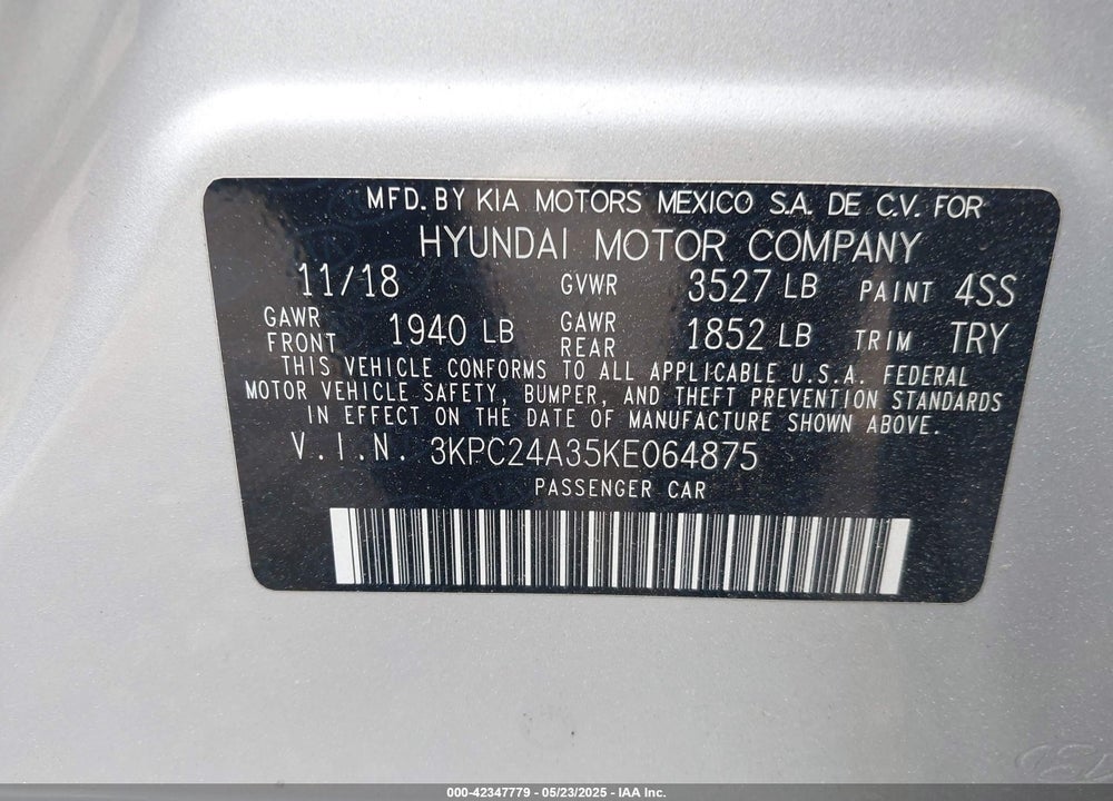 2019 HYUNDAI ACCENT SE VIN: 3KPC24A35KE064875