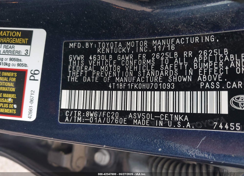 2017 TOYOTA CAMRY LE VIN: 4T1BF1FK0HU701093
