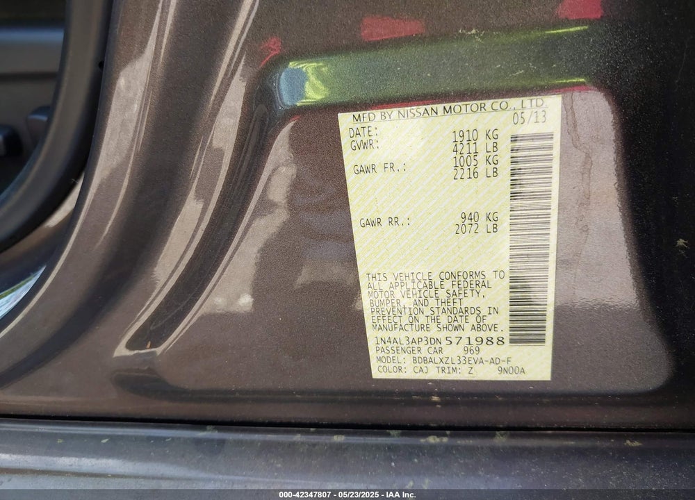 2013 NISSAN ALTIMA 2.5 SL VIN: 1N4AL3AP3DN571988