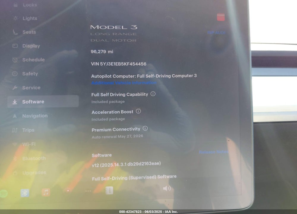 2019 TESLA MODEL 3 LONG RANGE/PERFORMANCE VIN: 5YJ3E1EB5KF454456