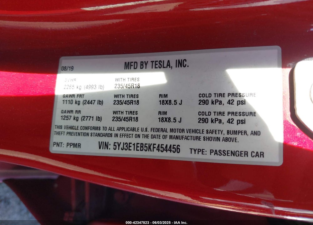 2019 TESLA MODEL 3 LONG RANGE/PERFORMANCE VIN: 5YJ3E1EB5KF454456