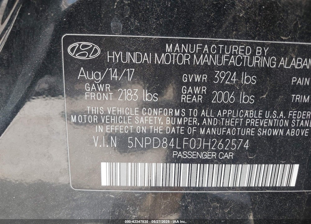 2018 HYUNDAI ELANTRA VIN: 5NPD84LF0JH262574