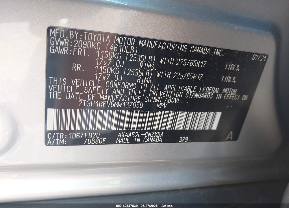 2021 TOYOTA RAV4 VIN: 2T3H1RFV6MW137050