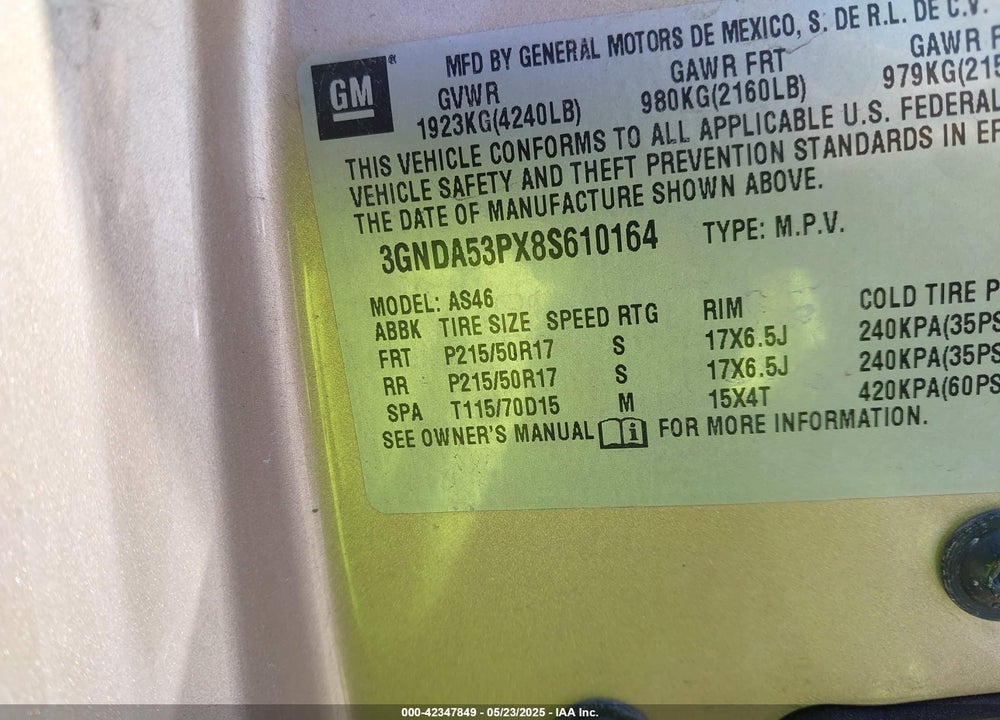 2008 CHEVROLET HHR VIN: 3GNDA53PX8S610164