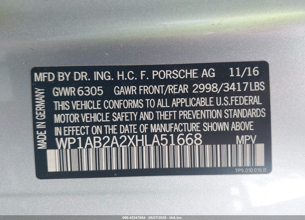 2017 PORSCHE CAYENNE VIN: WP1AB2A2XHLA51668