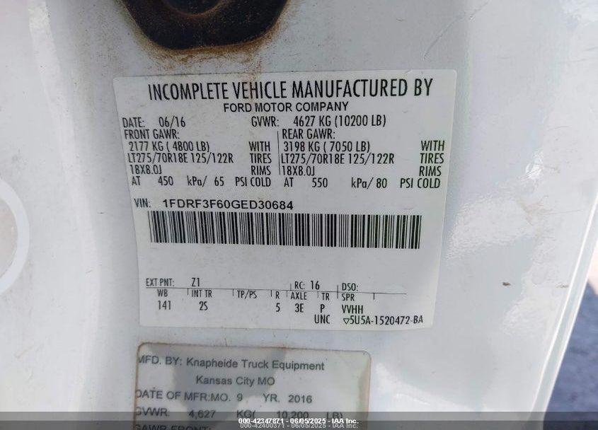 2016 FORD F-350 CHASSIS XL VIN: 1FDRF3F60GED30684