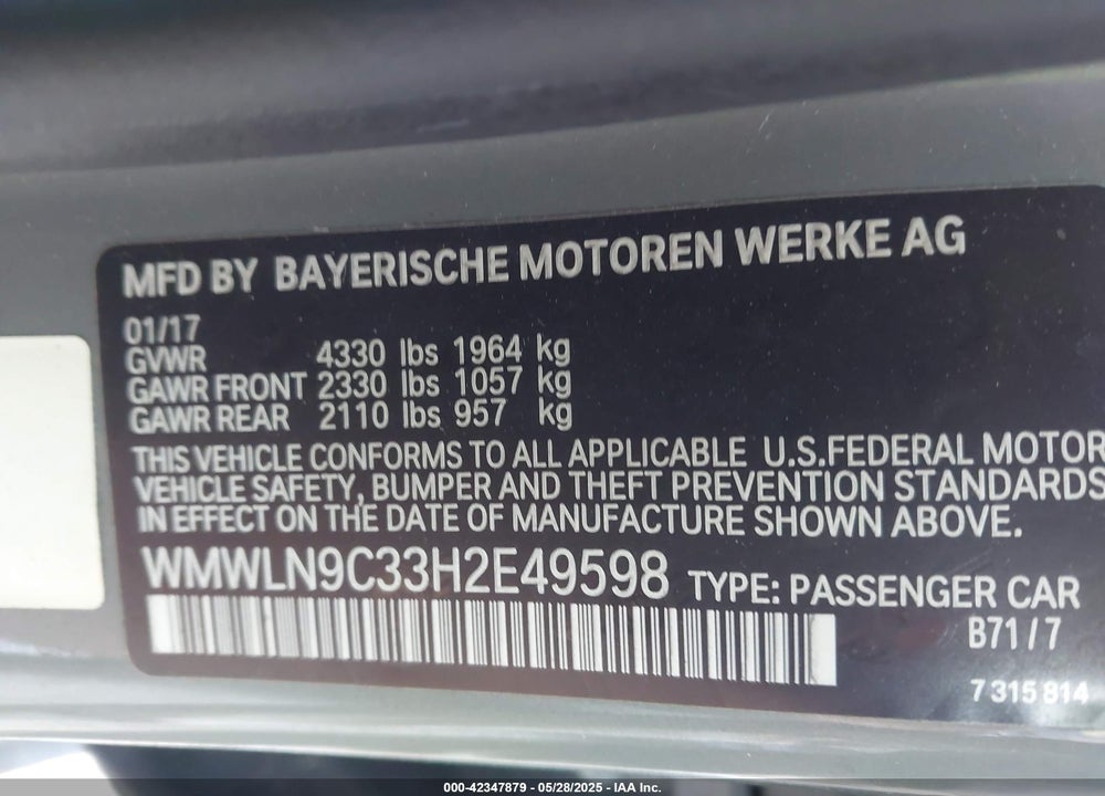 2017 MINI CLUBMAN VIN: WMWLN9C33H2E49598