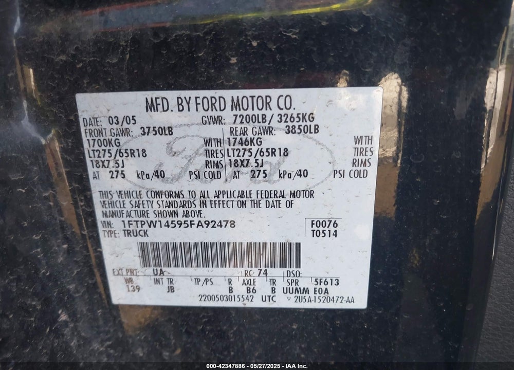 2005 FORD F-150 FX4/LARIAT/XLT VIN: 1FTPW14595FA92478