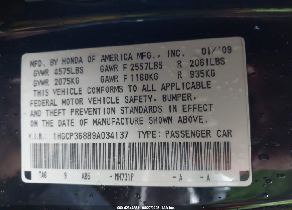 2009 HONDA ACCORD VIN: 1HGCP36889A034137