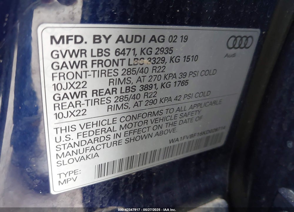 2019 AUDI Q8 VIN: WA1FVBF16KD026714