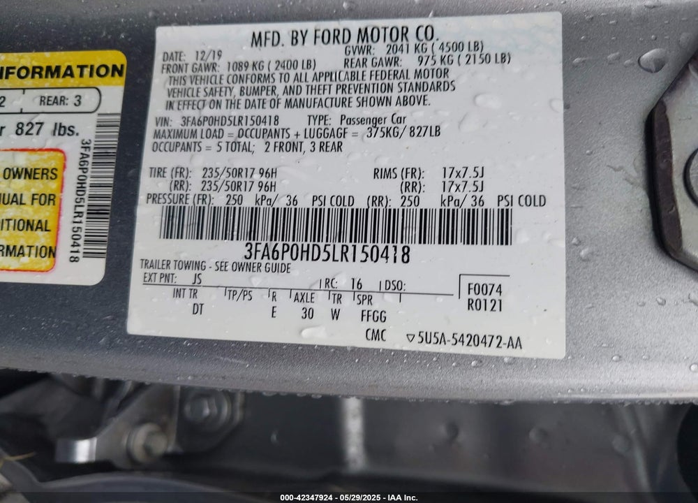 2020 FORD FUSION VIN: 3FA6P0HD5LR150418