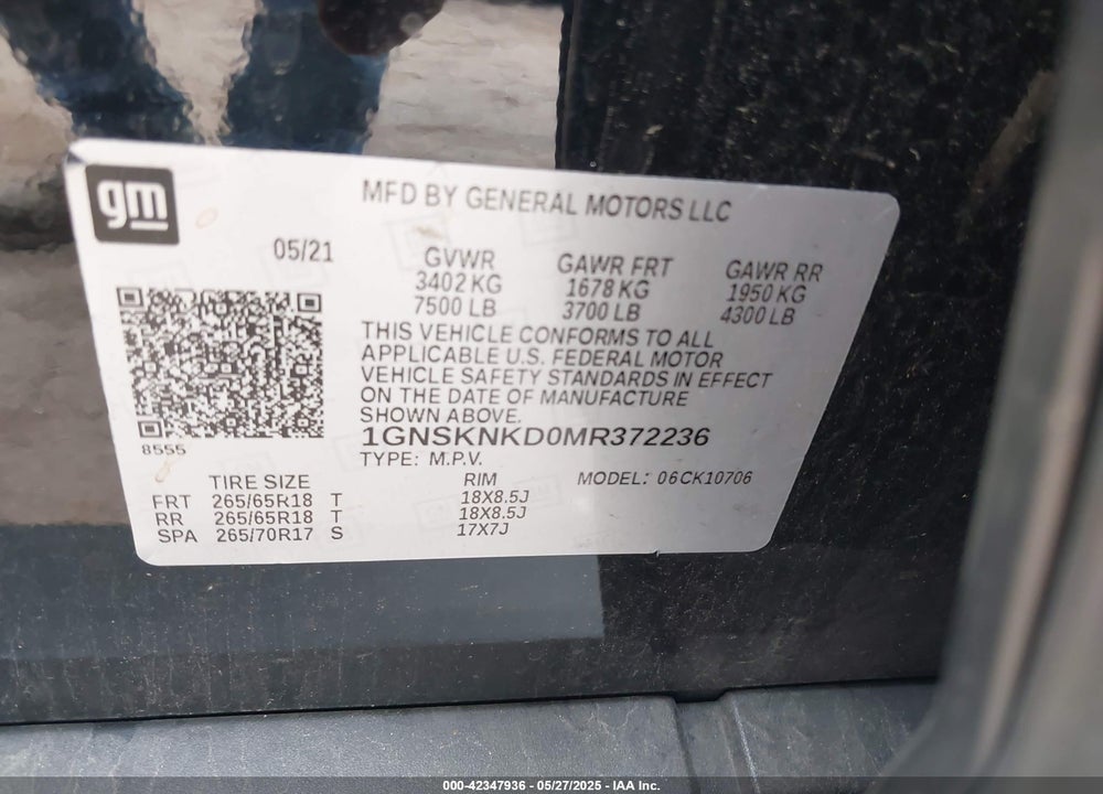2021 CHEVROLET TAHOE VIN: 1GNSKNKD0MR372236