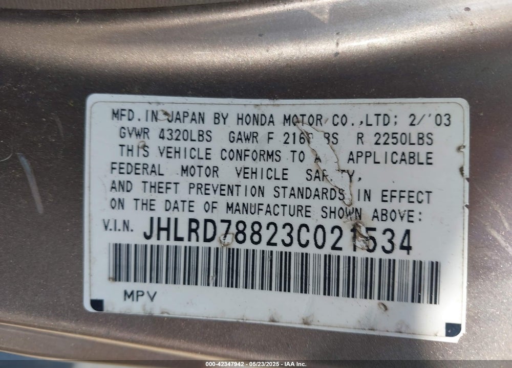 2003 HONDA CR-V EX VIN: JHLRD78823C021534