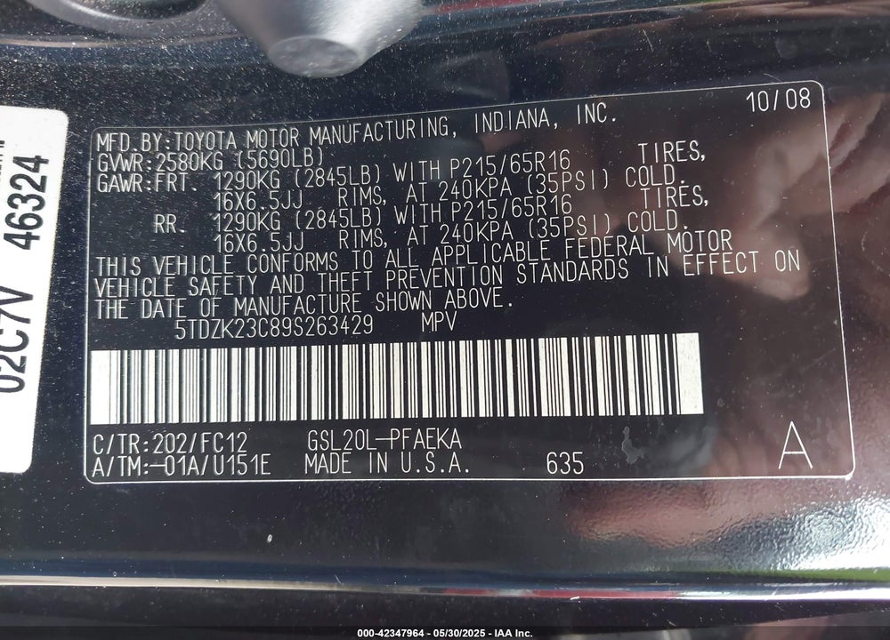 2009 TOYOTA SIENNA LE VIN: 5TDZK23C89S263429