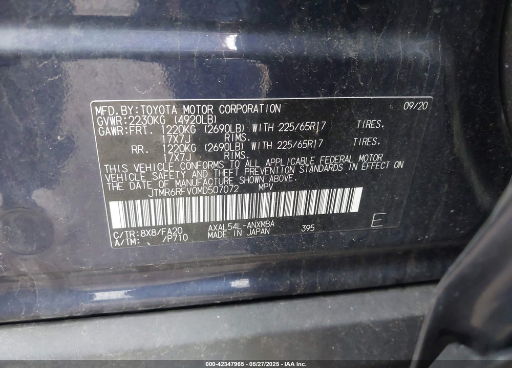 2021 TOYOTA RAV4 XLE HYBRID VIN: JTMR6RFV0MD507072