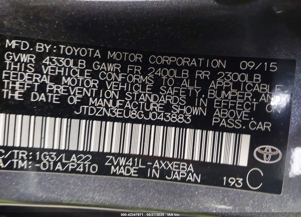 2016 TOYOTA PRIUS V FIVE/FOUR/THREE/TWO VIN: JTDZN3EU8GJ043883