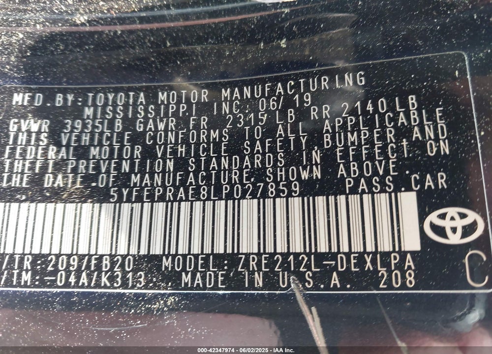 2020 TOYOTA COROLLA VIN: 5YFEPRAE8LP027859