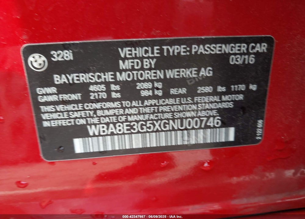 2016 BMW 328I XDRIVE VIN: WBA8E3G5XGNU00746