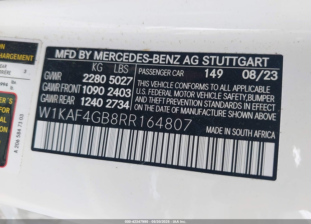 2024 MERCEDES-BENZ C CLASS VIN: W1KAF4GB8RR164807