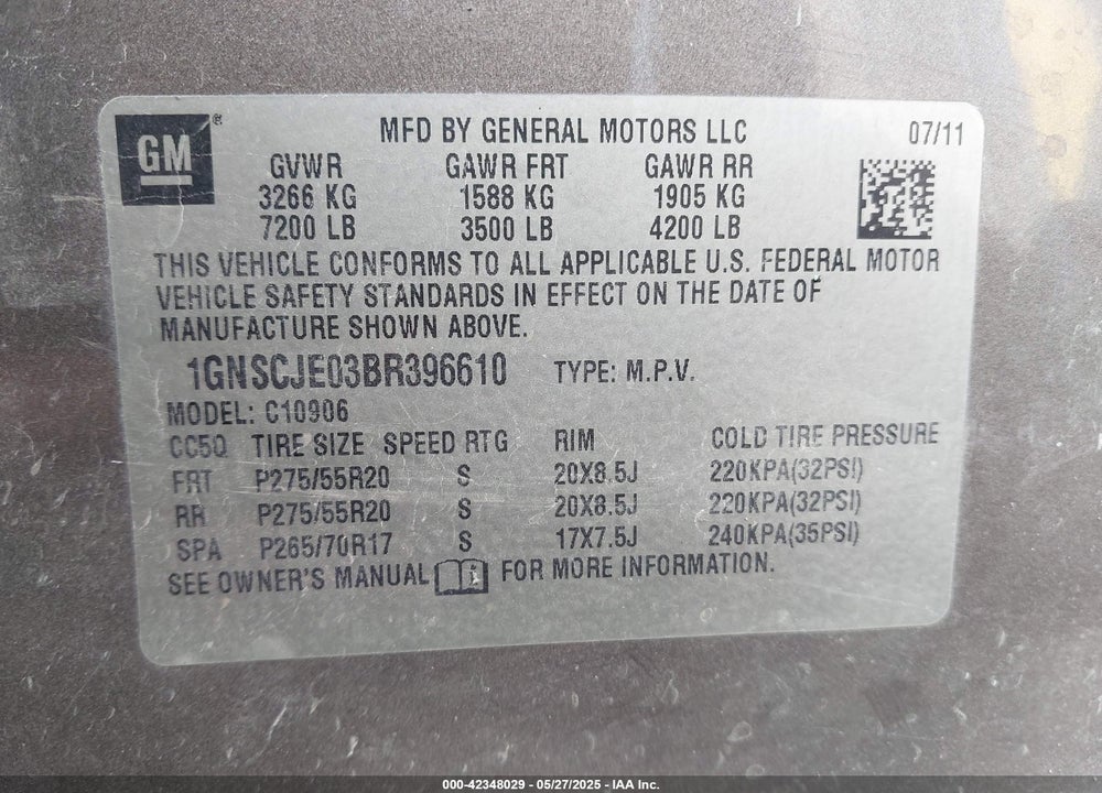 2011 CHEVROLET SUBURBAN 1500 LT1 VIN: 1GNSCJE03BR396610