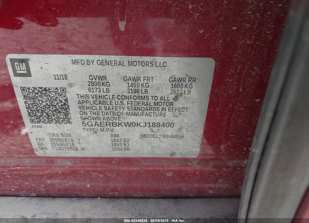 2019 BUICK ENCLAVE FWD ESSENCE VIN: 5GAERBKW0KJ188400