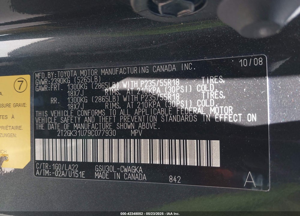 2009 LEXUS RX 350 VIN: 2T2GK31U79C077930