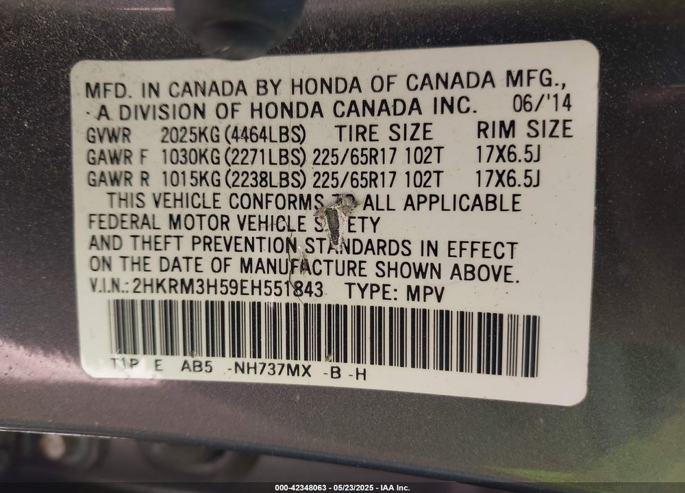 2014 HONDA CR-V VIN: 2HKRM3H59EH551843
