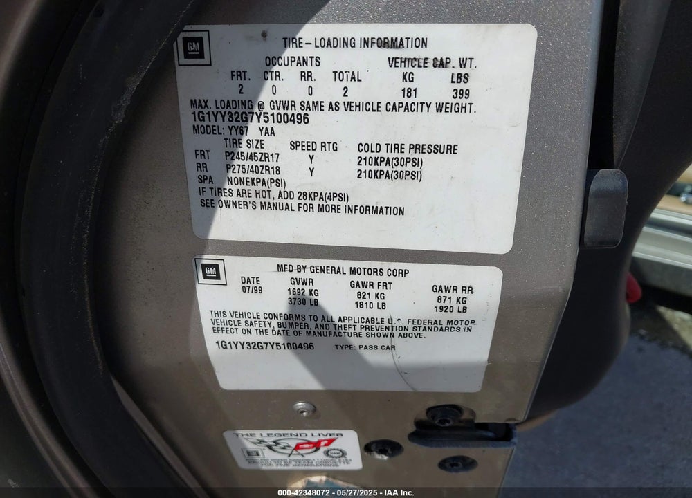 2000 CHEVROLET CORVETTE VIN: 1G1YY32G7Y5100496