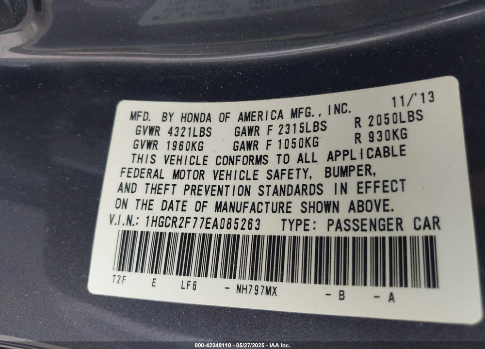 2014 HONDA ACCORD VIN: 1HGCR2F77EA085263