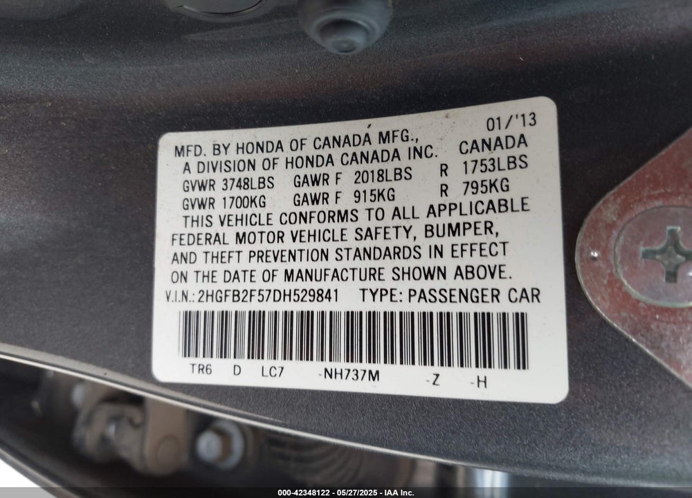 2013 HONDA CIVIC VIN: 2HGFB2F57DH529841