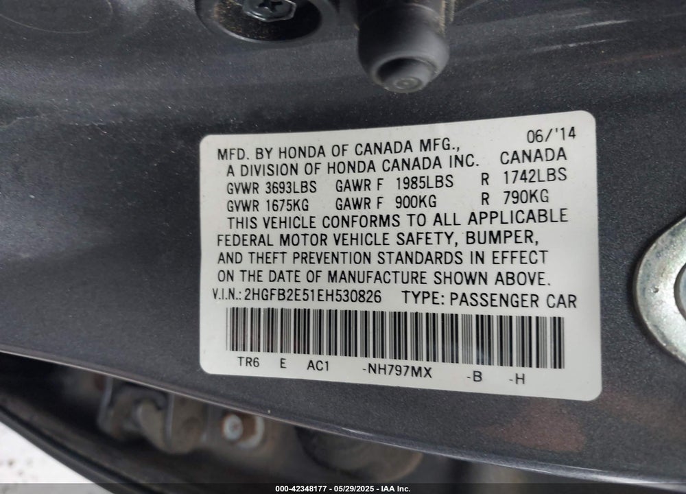2014 HONDA CIVIC VIN: 2HGFB2E51EH530826