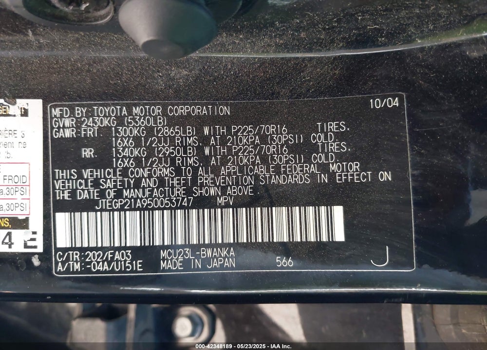 2005 TOYOTA HIGHLANDER LIMITED V6/V6 VIN: JTEGP21A950053747